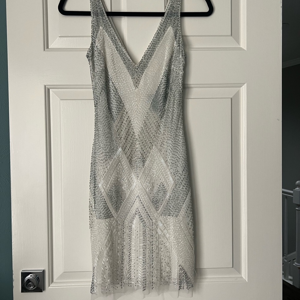 Basic Silver & White Embellished Mini Dress | Size 0